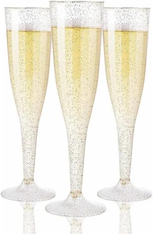 50 Pack Plastic Champagne Flutes 4.5oz Gold Glitter, Disposable Plastic Champagne Glasses, Suitable for Wedding, Birthday Party, Thanksgiving Day, Christmas Supplies