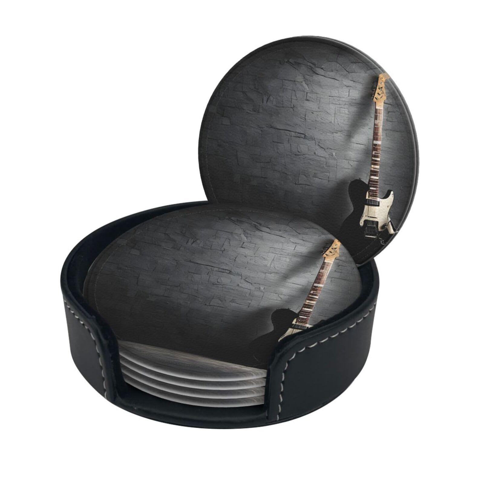 Electric Guitar Print Coaster,Round Leather Coasters with Storage Box for Wine Mugs,Cold Drinks and Cups Tabletop Protection (6 Piece)