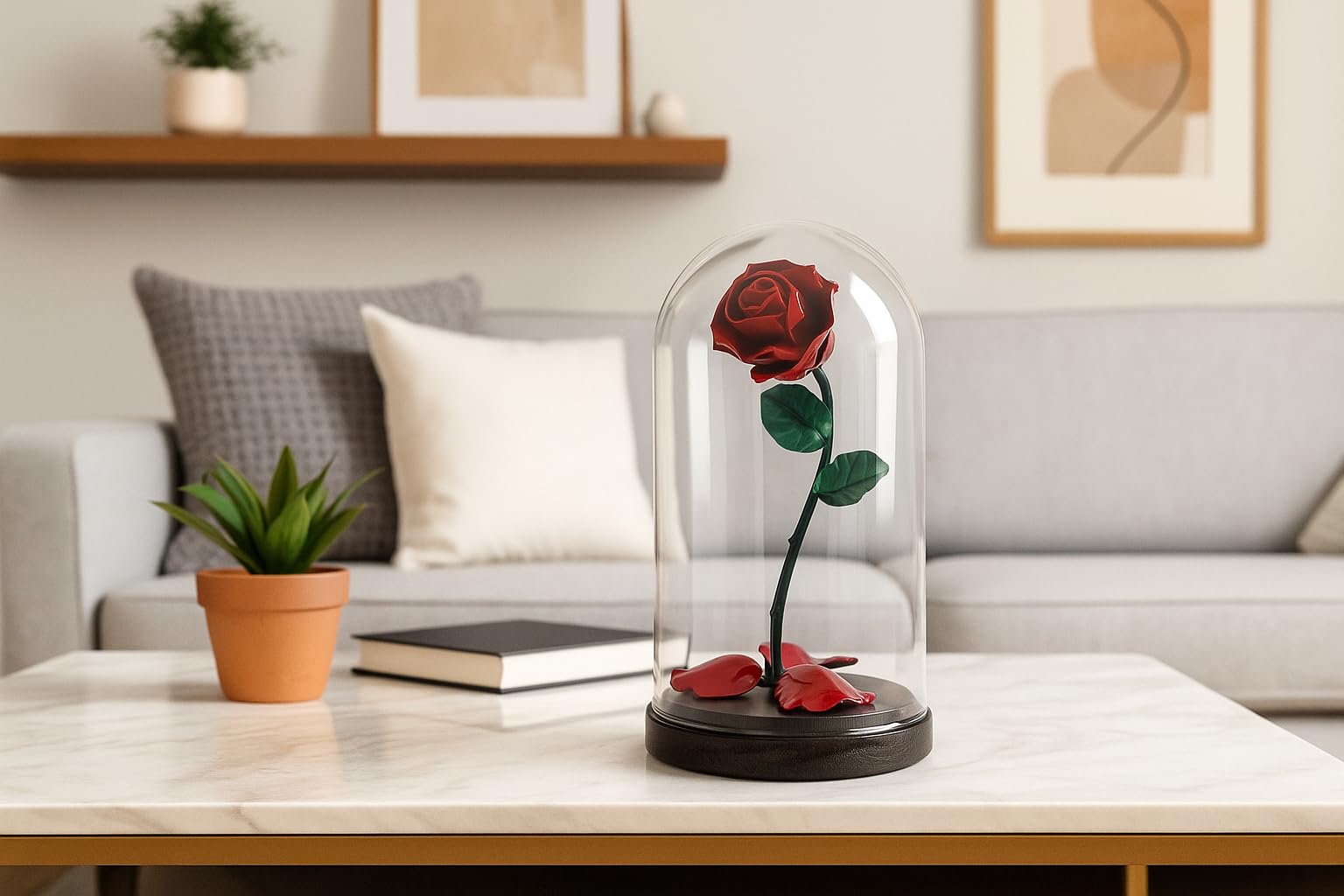 Forging Art Bcn® Rosa Encantada Forjada a Mano en Cúpula de Cristal Bella y Bestia- Regalo Día de la Madre, Sant Jordi, San Valentín, Bodas de Hierro (6 Aniversario) (Rojo/Verde)