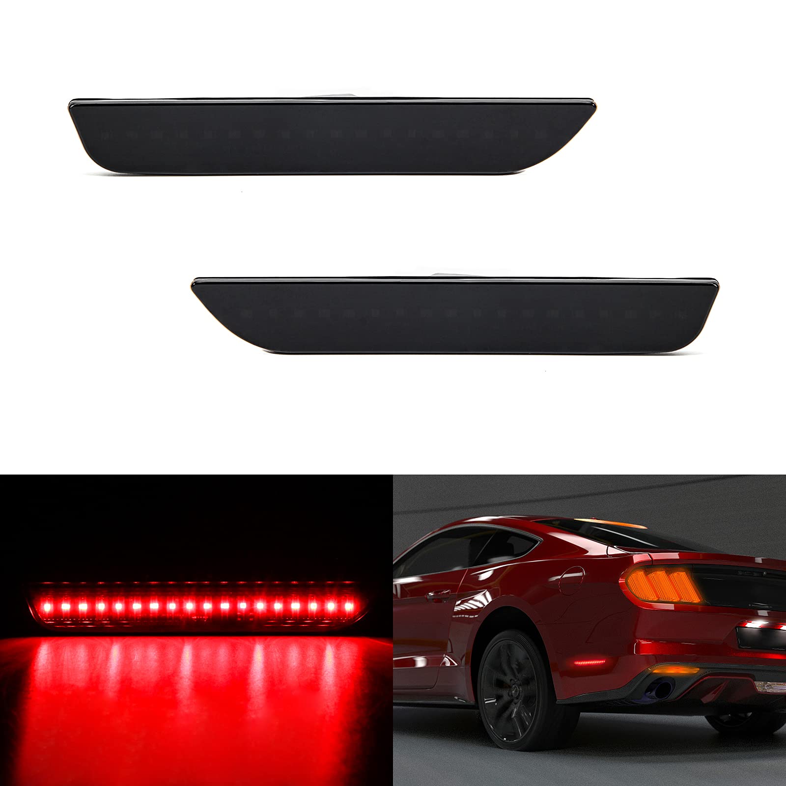 OPP ULITE Rear Red LED Side Marker Lights, Smoked Black Lens, 48 Led Bumper Sidemarker Reflectors Lamps Light Kit for 2010-2014 Ford Mustang, OEM AR3Z15A201D, AR3Z15A201C (LY606-2R)