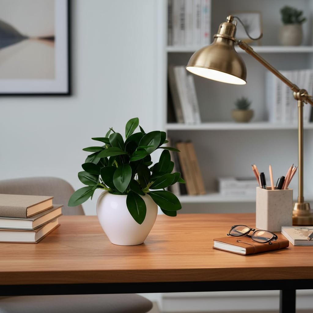 fancymart Artificial Rubber Plant in 4 Inch White Apple Pot (22 cm Height) – Realistic Green Decorative Plant for Home Decor, Living Room, Office Desk & Interior Decoration 1