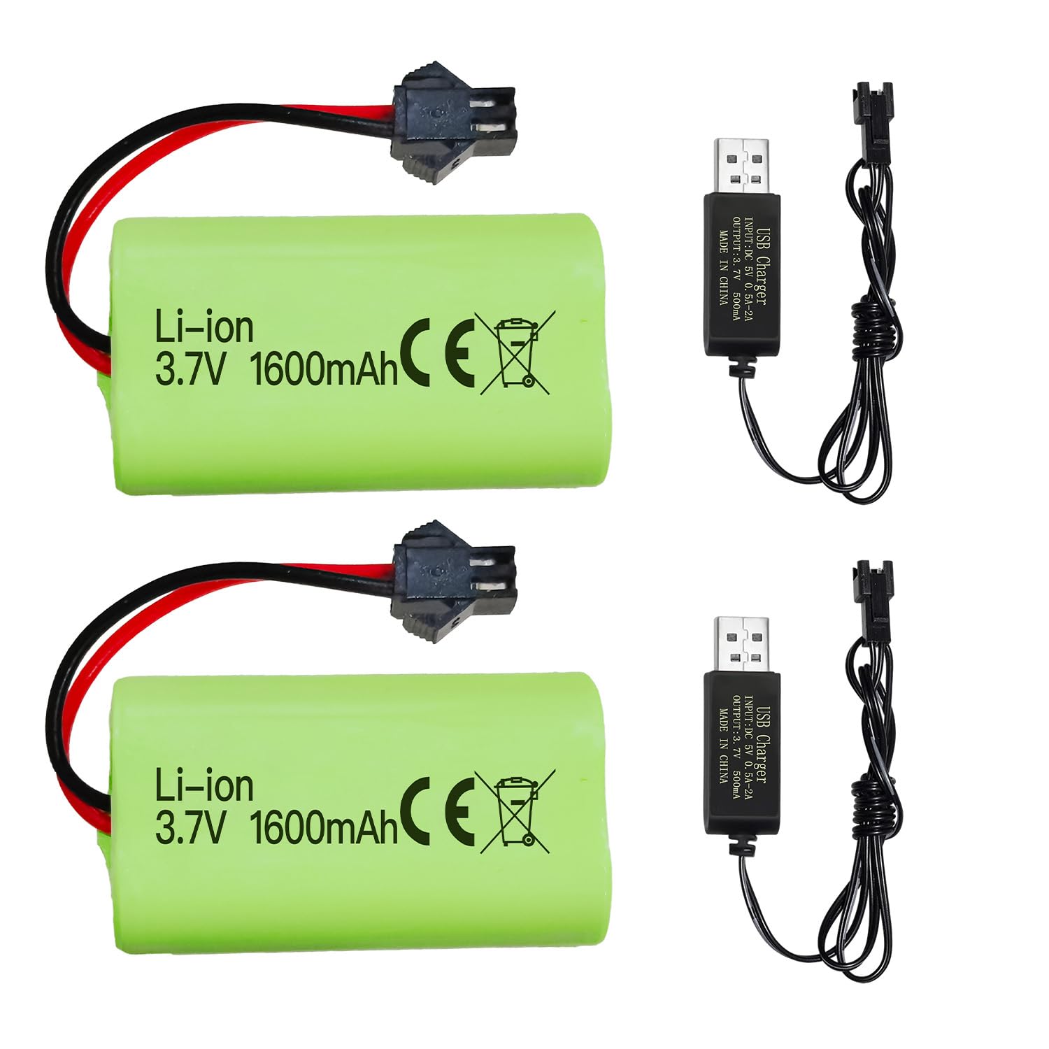 BLLRC 2PCS 3.7V 1600mAh Lithium Battery Plug SM-2P & 2PCS USB Charging Line for 9962 8837 RC Toy Car Battery Remote Control Engineering Vehicle Truck