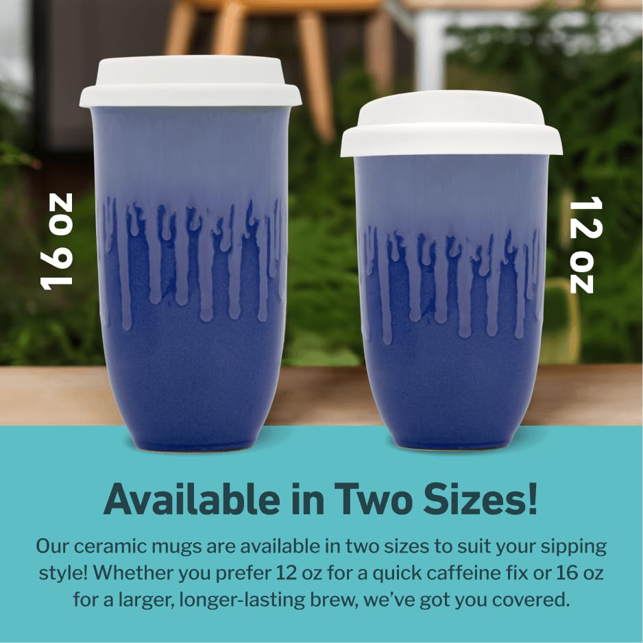 Image of NOVA CERAMICS Ceramic Tumbler- Blue Ceramic Mug - Microwave & Dishwasher Safe Coffee White & Orange Tumbler - Leak-Proof Coffee Travel Mug - 12oz - Neptune