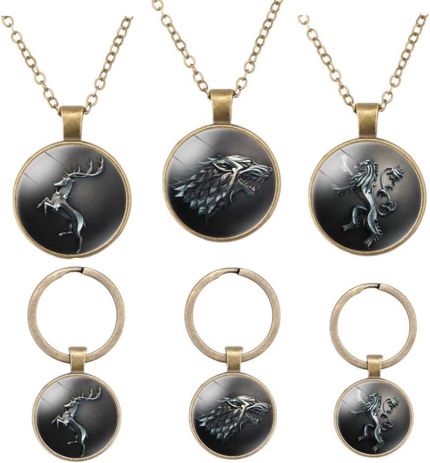XCFS3pcs/Set The Game Thrones Merchandise Round Charm Bronze Colored Necklace and Keychains Stainless steel House Stark/Lannisters/ Baratheon Collection Pendants Charms Keychain Mens Women Pendant