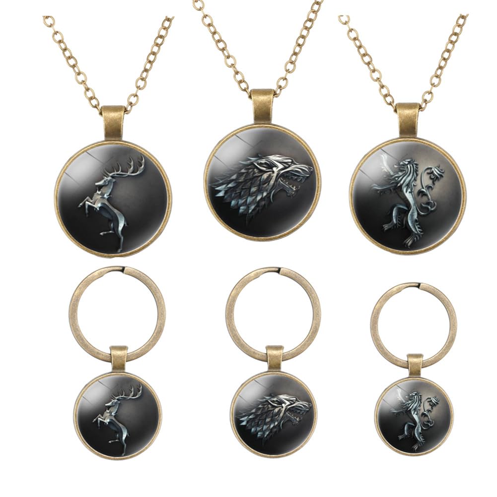 XCFS3pcs/Set The Game Thrones Merchandise Round Charm Bronze Colored Necklace and Keychains Stainless steel House Stark/Lannisters/ Baratheon Collection Pendants Charms Keychain Mens Women Pendant
