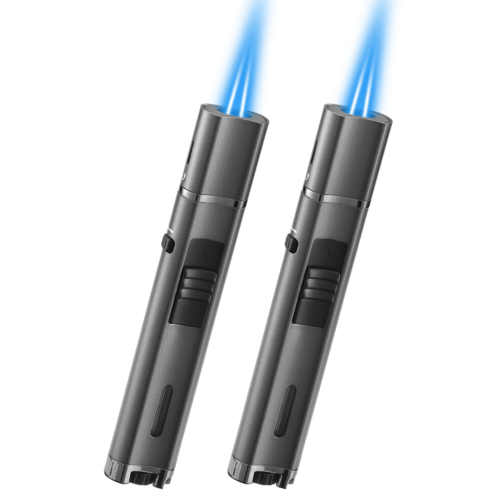 Photo 1 of 2 Pack 5.7in Pen Torch Lighter with Flame Locking & Safety Switch Function, Adjustable & Refillable Double Jet Flame Butane Lighter, Windproof Long Stick Lighters. Grey(Sold Without Gas)