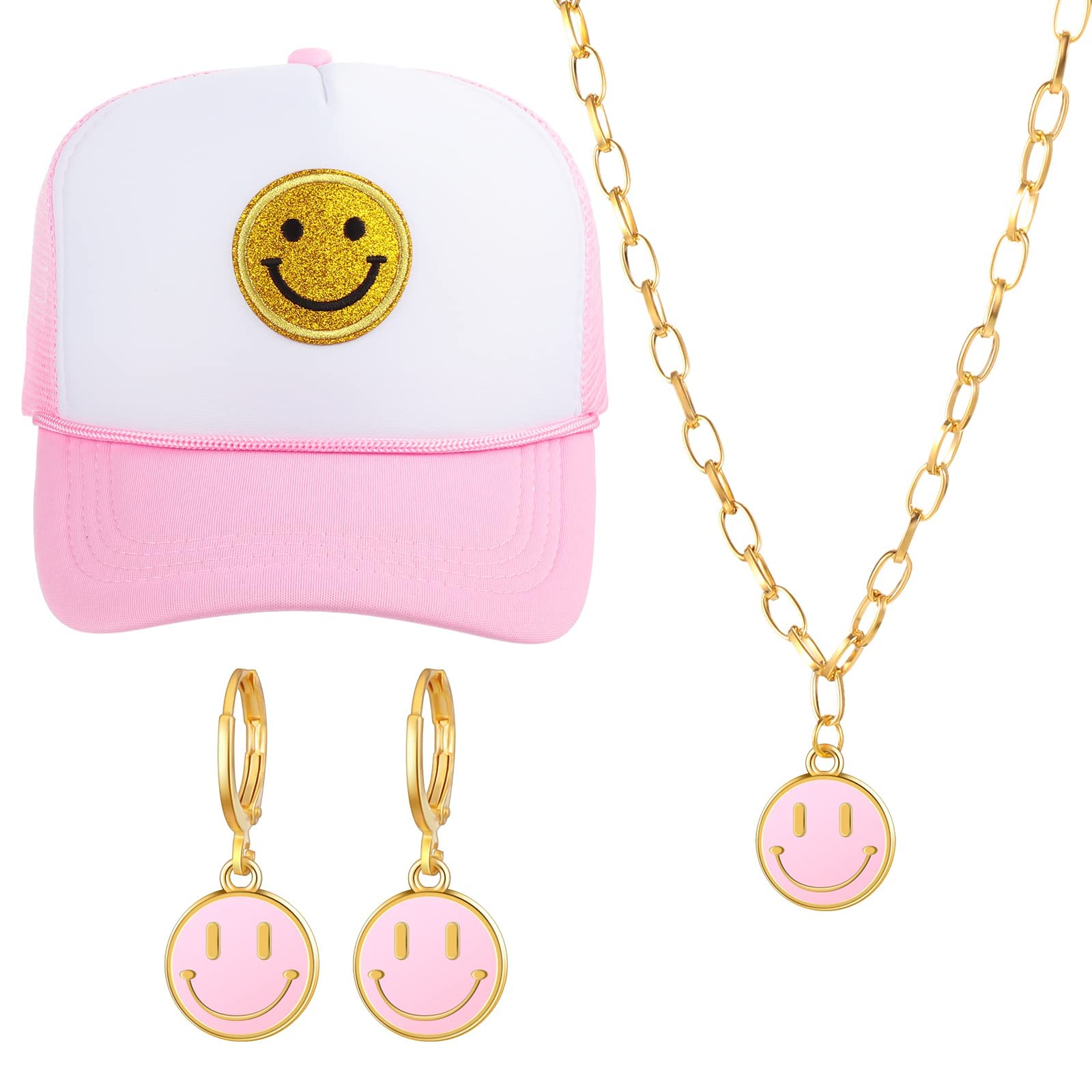 Excefore Preppy Jewelry Set Smile Face Sequins Hat Smile Face Necklace Earrings Preppy Accessories for Girls Summer Beach