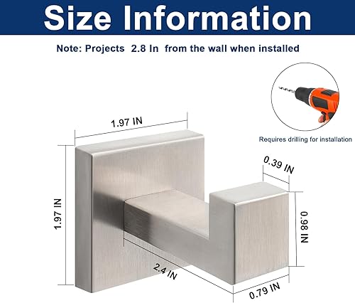 Miniatura 2 de NearMoon Ganchos cuadrados para toallas de baño -SUS304 de acero inoxidable para colgar batas, ganchos resistentes para baño, sala de estar, hotel,
