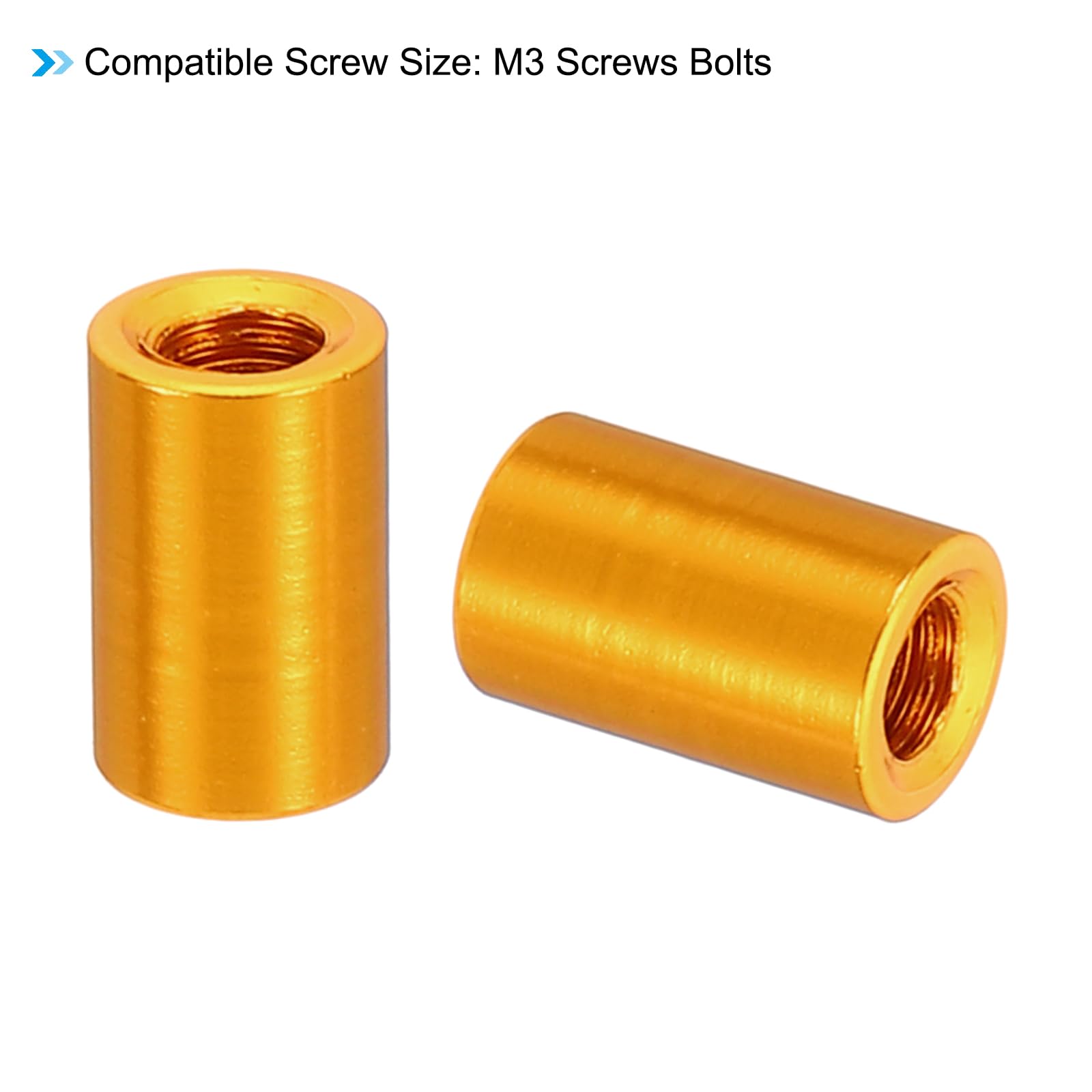 PATIKIL 12pcs M3 Metal Threaded Standoff Spacer Nuts, Round Aluminum Spacers Female Coupling Screws, 1/8" ID x 3/16" OD, Gold 3x5x8mm - Image 4