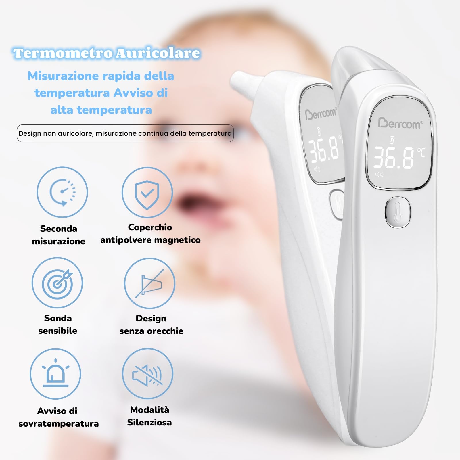 Berrcom Termometro Fronte e Orecchio Termometro Febbre Infrarossi Senza Contatto Termometro Neonato Digitale con Lettura Istantanea, Interruttore °C/°F, Allarme Febbre