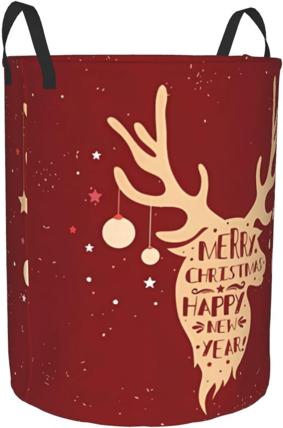 Merry Christmas Deer Happy New Year Laundry Hamper with Durable Handle Waterproof Foldable Laundry Basket Circular Dirty Clothes Organizer Storage Basket for Household Bedroom Bathroom Living Room