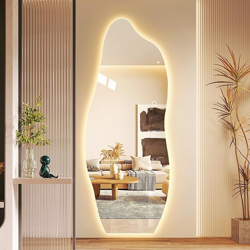 Full Length Mirror with LED Lights 158 * 48 CM 3 Colors LD Light Standing Hanging or Leaning Against Wall Large Mirror Wall-Mounted MirrorFull Body Mirror with Stand (LED*158 * 48CM)