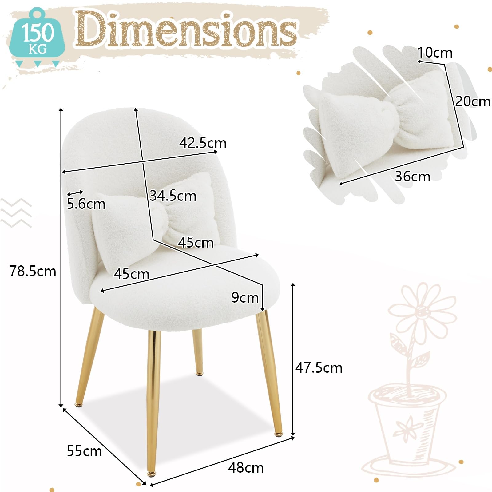 Bonnlo Silla de Maquillaje, Silla Tocador, Sillas de Comedor, Patas Doradas Ajustables y cojín con Lazo para Dormitorio, Sillón Salón para Tocador u Oficina en Casa (Tejido Teddy, Blanco)