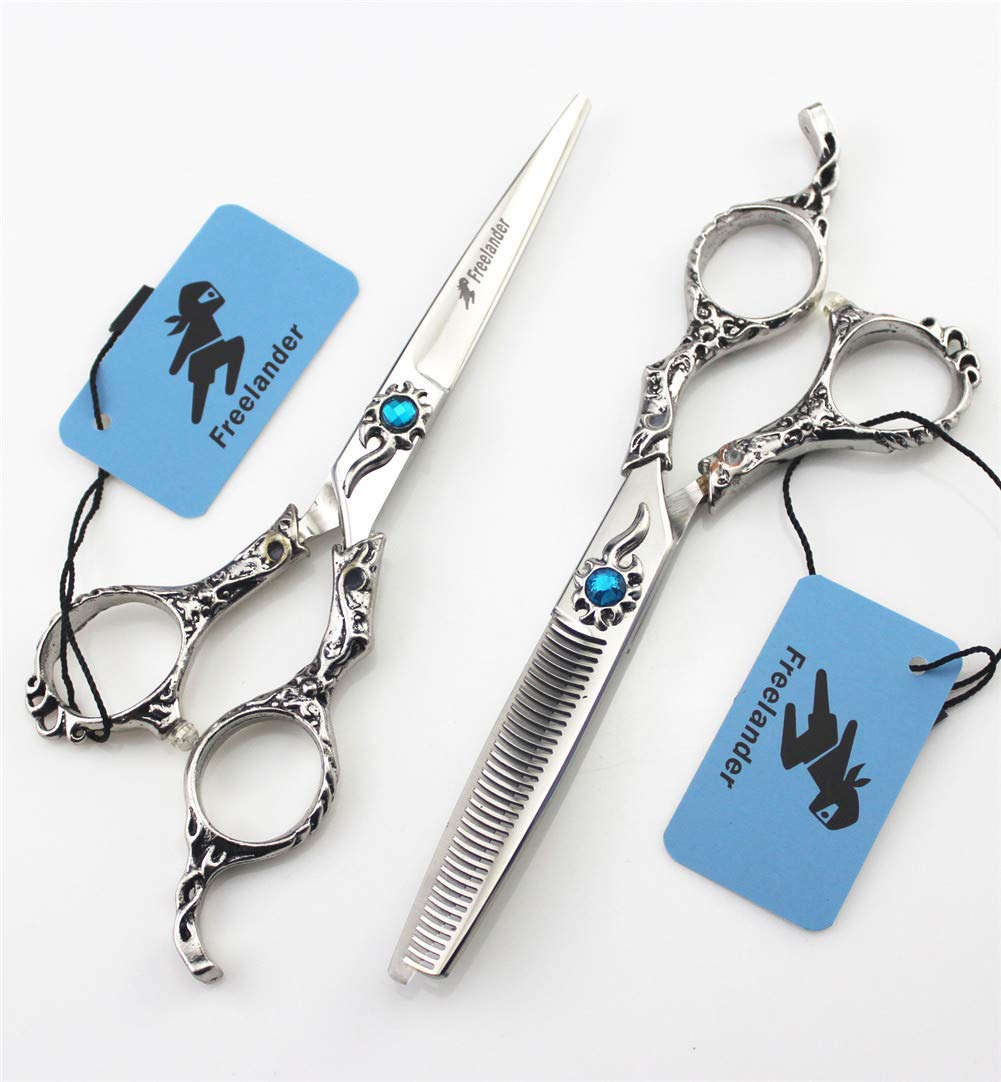 Crrs 6.0 inch Professional Hairdressing Scissors,Sun flower handle blue diamond screw Salon Hairdresser Flat shear Thinning Shears 440c high Hardness Scissors Set