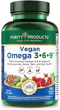 Purity Products Vegan Omega 3 6 9 Formula - 5 in 1 Essential Fatty Acid Complex - Scientifically Formulated Plant-Based Vegan Omega 3-6-9 Essential Fatty Acids EFA - 3 Month Supply - 180 Softgels