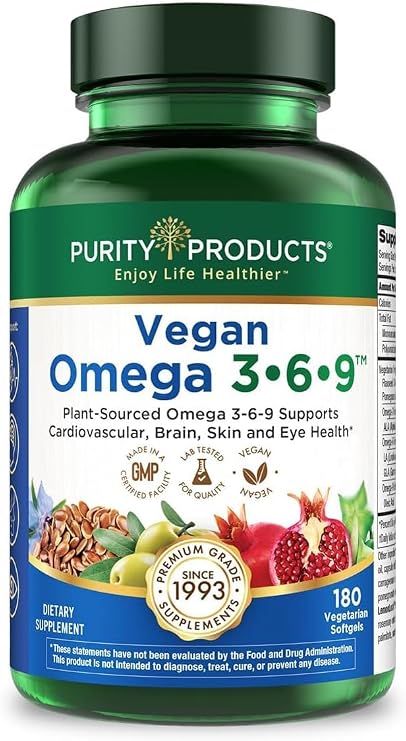 Purity Products Vegan Omega 3 6 9 Formula Essential Fatty Acid Complex | Scientifically Formulated Plant-Based Vegan Omega 3-6-9 Essential Fatty Acids (EFA) - 3 Month Supply - 180 Softgels
