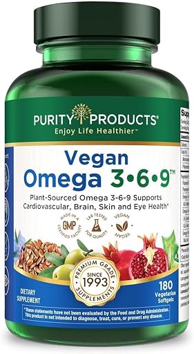 Purity Products Vegan Omega 3 6 9 Formula - “5 in 1” Essential Fatty Acid Complex - Scientifically Formulated Plant-Based Vegan Omega 3-6-9 Essential Fatty Acids (EFA) - 3 Month Supply - 180 Softgels