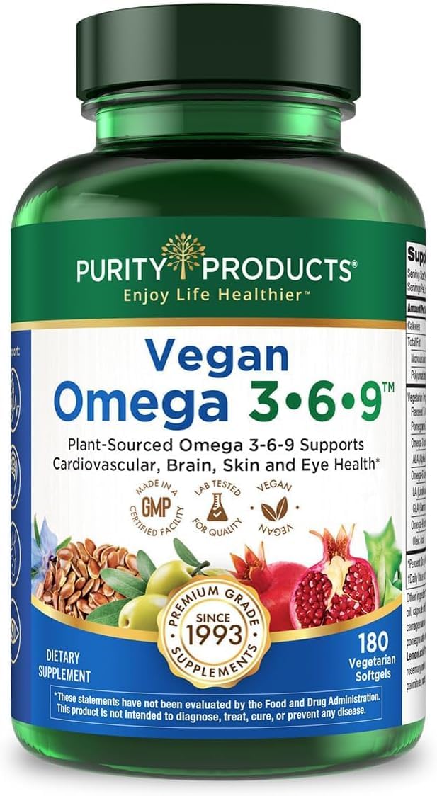 Purity Products Vegan Omega 3 6 9 Formula - “5 in 1” Essential Fatty Acid Complex - Scientifically Formulated Plant-Based Vegan Omega 3-6-9 Essential