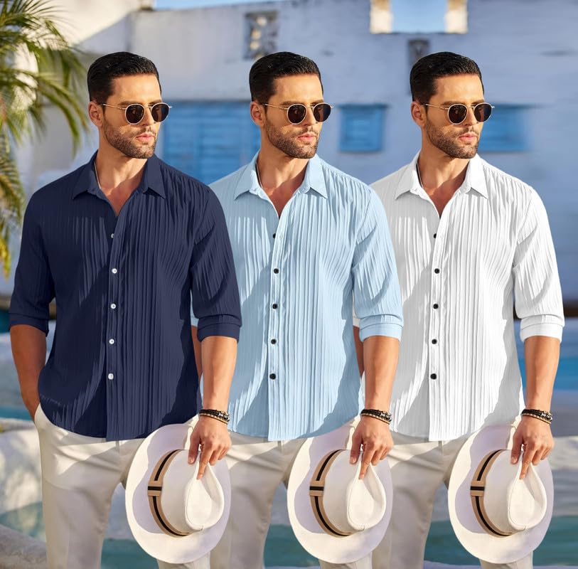Image of FINIVO FASHION Combo of Men's Casual Cotton Plain Button Down Shirt Long Sleeve Textured Summer Beach Shirt for Men Pack of 3
