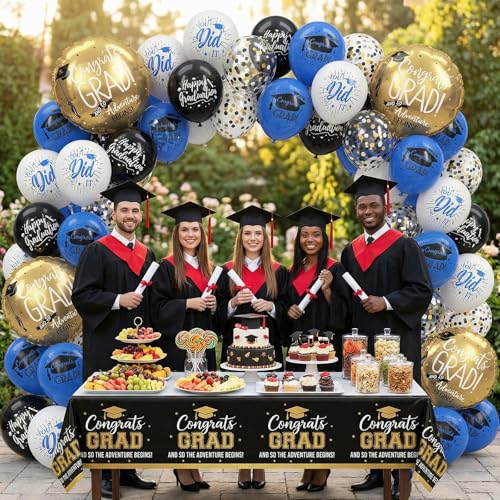 Image of HILAVO Blue and Black Graduation Balloons 2026 Graduation Decoration 18 In Grad Foil Balloon Royal Navy Blue Black White Print Balloon for Class of 2026 Congrats Grad Party Decor College High School