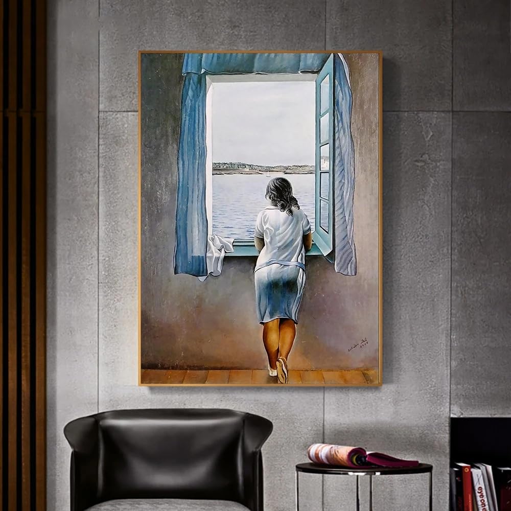ZHUOYA Dziewczyna w oknie obraz na płótnie plakat Salvador Dali sztuka ścienna kobieta niebieski morze obraz do salonu wystrój domu (70 x 100 cm)