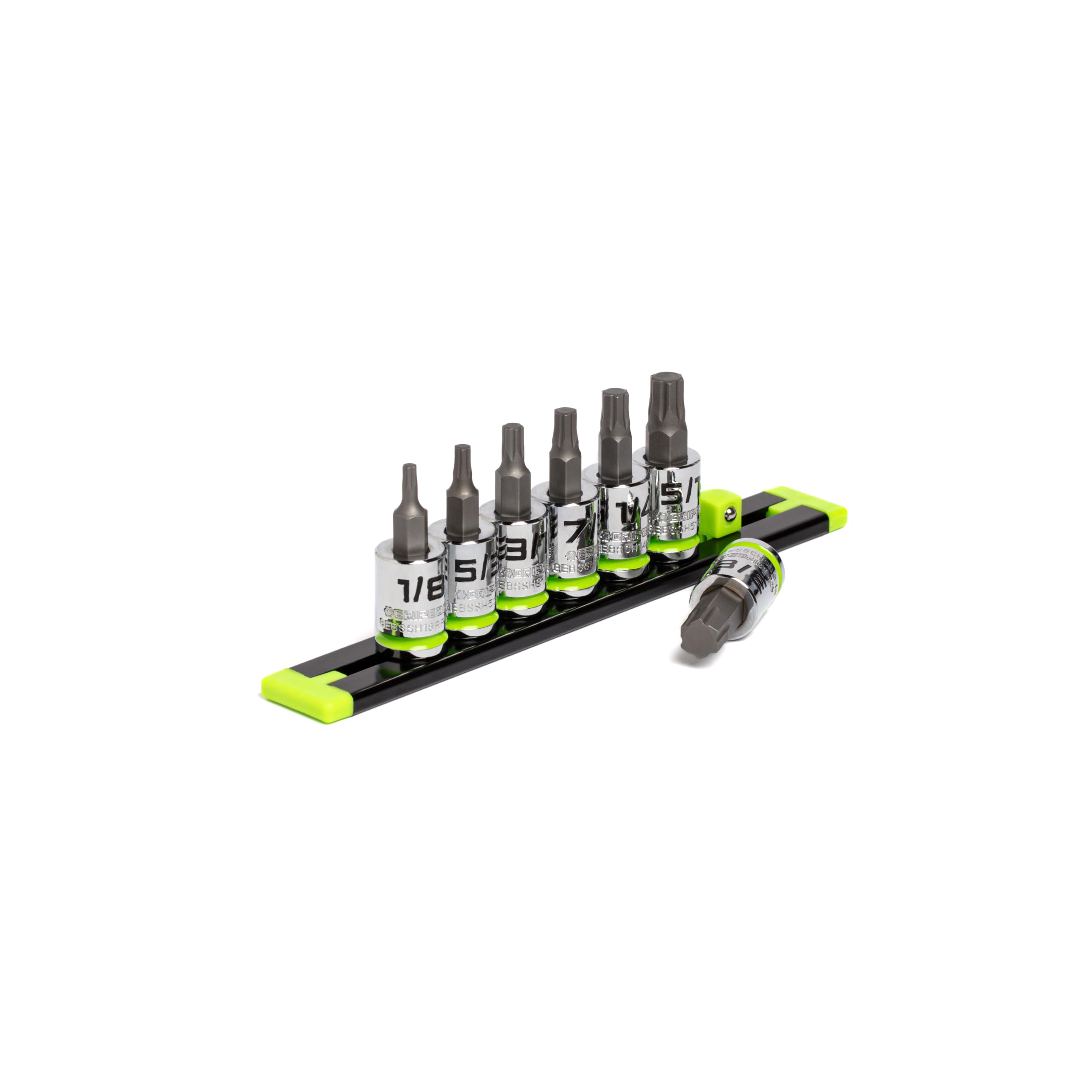 GRIPEDGE HEX zestaw nasadek bitowych | 7-PC - 3/8'' Drive Short SAE RPT zestaw wkrętaków sześciokątnych | rozmiary 1/8'' - 3/8'' | wykonane ze stali S2 | zawiera aluminiową szynę do przechowywania