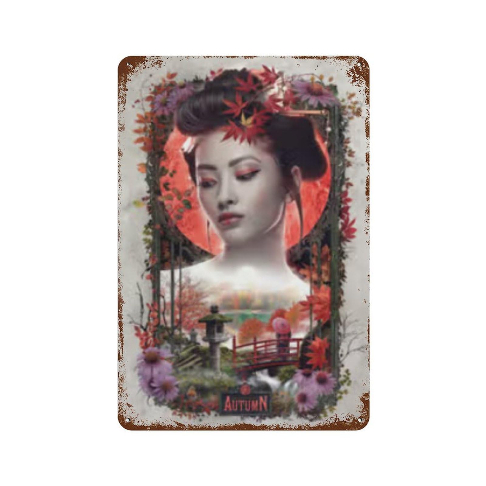 Autumn Geisha Art Print Retro Metal Sign 11.8"x7.9", Decorative Metal Wall Art for Basement, Hobby Room And Garage Decor