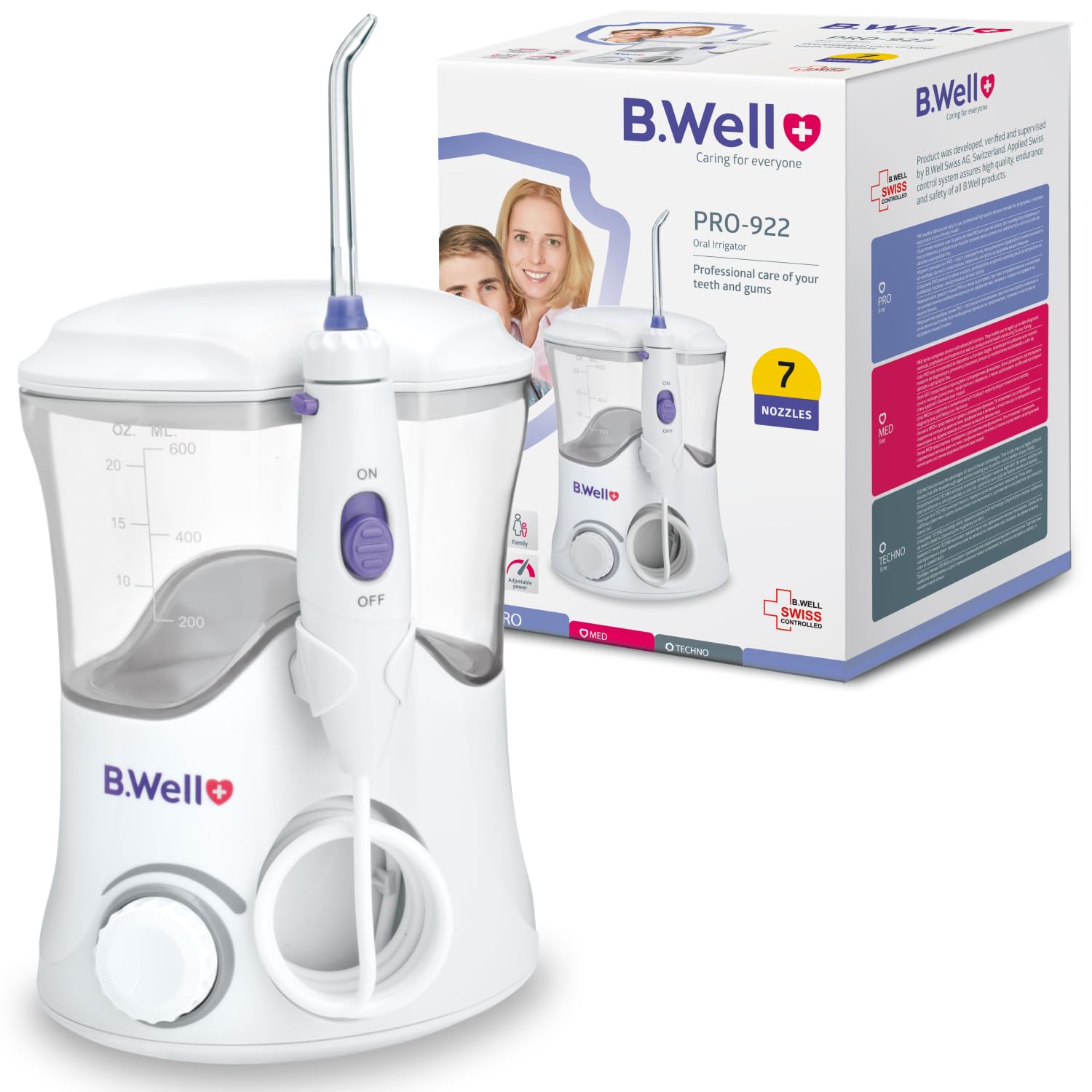 B.Well Swiss PRO-922 Stationäre Munddusche, Standgerät mit 10 Bedienmodi, 7 Düsen mit 360°-Rotation, 600-ml-Wassertank, Anti-Rutsch-Füßen, Pulsmodus und Netzdauerbetrieb