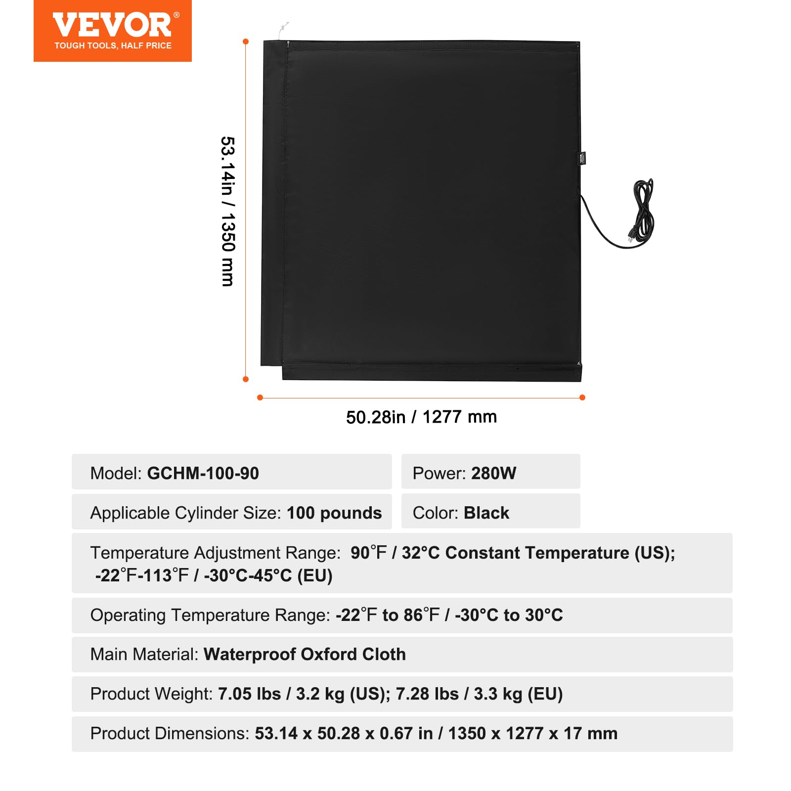 VEVOR Manta Calefactora para Tanque de Propano Cubierta Aislada de 280 W para Tanques de Gas de 45 kg Termostato Interno Fijo 1350 x 1277 x 17 mm Tela Oxford Resistente al Agua, Negro