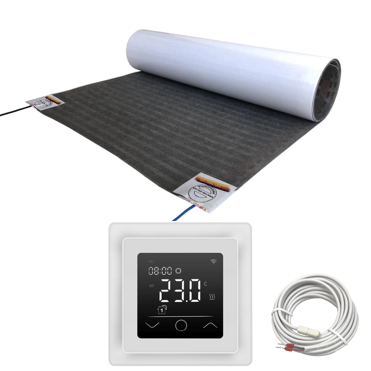 Elektrische Fußbodenheizung HoWaTech Lux Folienheizung für Renovierung Laminat Parkett Vinyl Komplett Set Heizfolie 80 W/m² inkl. Thermostat Touch weiß, Folienlänge & Fläche:2.5m / 1.25m²