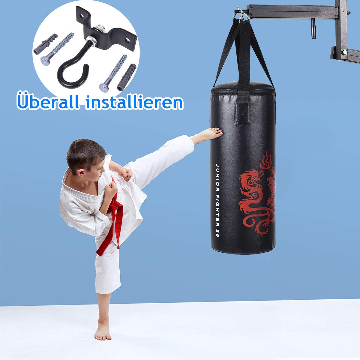 RELAX4LIFE 10 kg Boxsack Set, Boxen Set mit 8 OZ Boxhandschuhe & Springseil & Tragetasche, aufhängender Punchingsack für Kinder, Jugendliche und Erwachsene, Boxing Bag schwarz, inkl. Deckenhalterung
