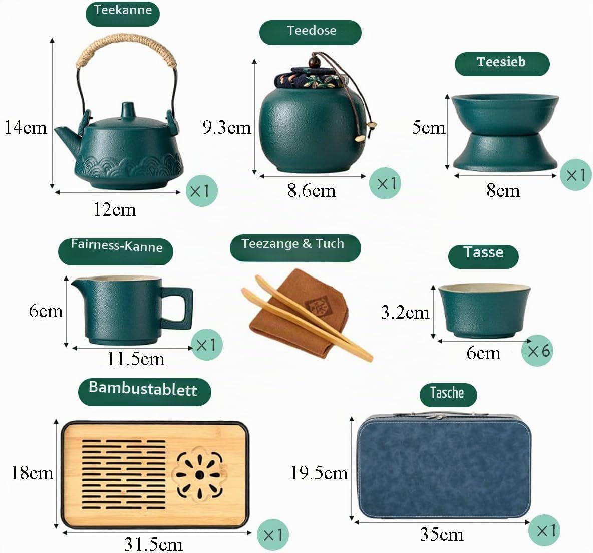 Teekanne mit Siebeinsatz, Porzellan Tee Set Chinesischer Reise Teekanne und 6 Tassen, Hanfseilgriff Teeservice für Losen Tee, Geschenk für Teeliebhaber, Grün