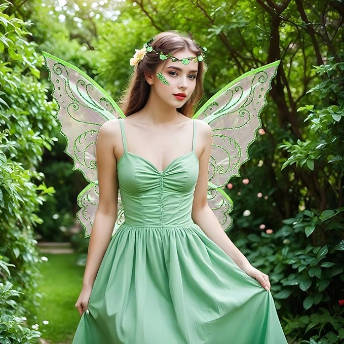 Jeackcelle Ali da fata per ragazze e donne, ali di farfalla per adulti, costume di Halloween ali d'angelo con fascia per orecchie da elfo per travestimento cosplay e feste (bianco