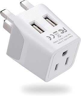 Ceptics London, Hong Kong, Ireland Travel Adapter Plug - with Dual USB + USA Input - Type G - Ultra Compact - Safe Grounded Perfect for Cell Phones, Laptops, Camera Chargers (CTU-7)