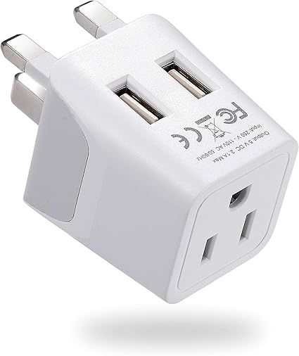 Ceptics USA to UK, Hong Kong Travel Adapter Plug With Dual USB - Type G - Ultra Compact