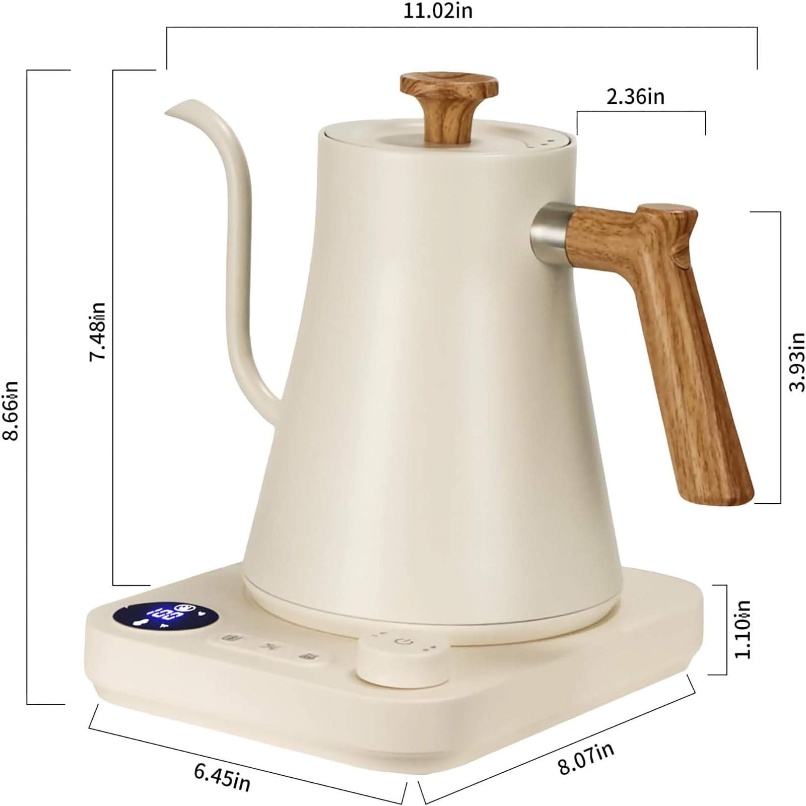 Gooseneck Electric Kettle, White, 0.9L | ±1℉ Temperature Control, 304 Stainless Steel, Ultra-Quiet, Auto Boil Detection, 8 Safety Protections & Memory Function