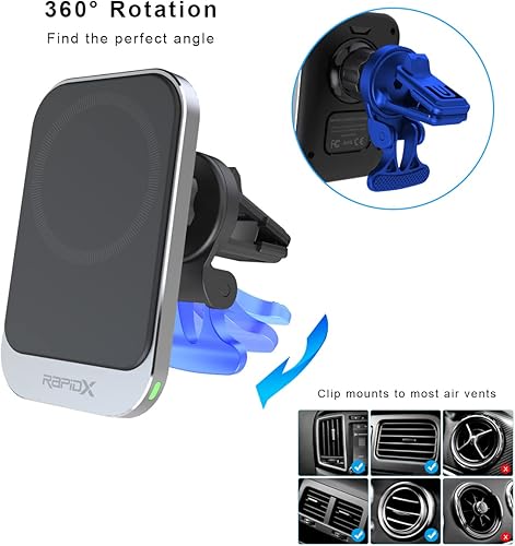 Miniatura 3 de RapidX Dashio MW1 - Soporte de ventilación para automóvil y almohadilla magnética de cargador inalámbrico, hasta 15 W, para iPhone 15141312 y más