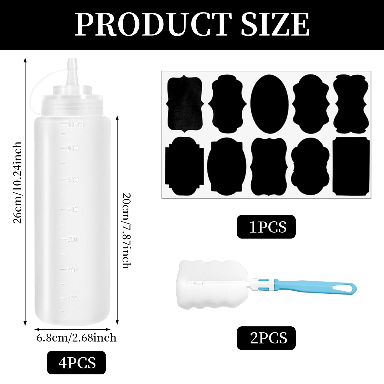 4 Pezzi Bottiglia Squeeze di Plastica 680 ML/24oz,Trasparente Biberon da Cucina con 2pcs spazzola di pulizia e 10pcs adesivi,Squeeze Bottle per Ketchup,Salse,Olio d'oliva