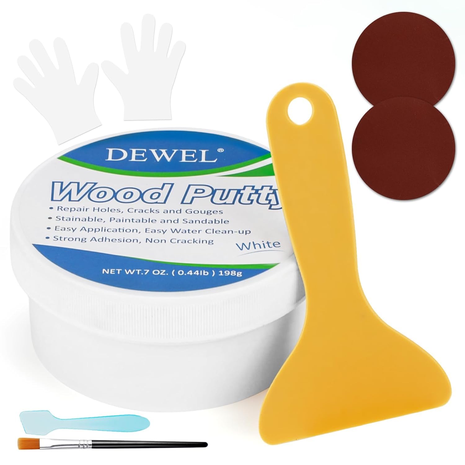 DEWEL Stucco per Legno Bianco all'Acqua 200g-Kit Riparazione Mobili-Riempire Buchi e Crepe