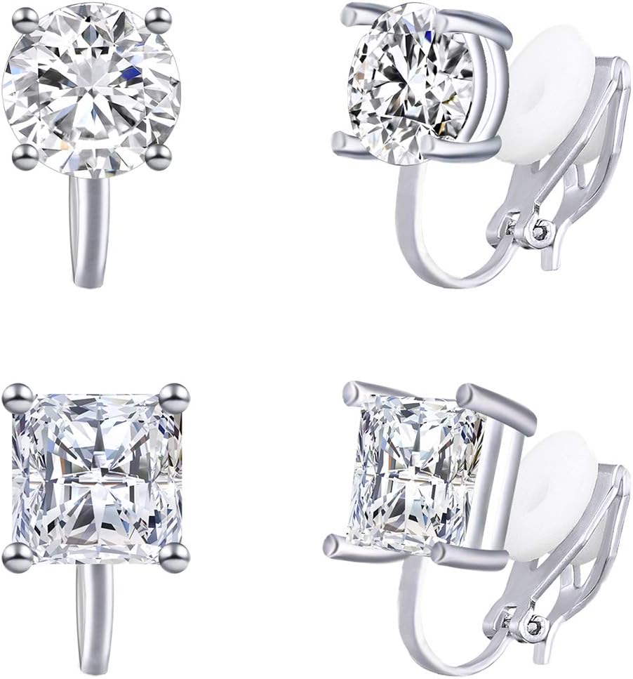 2 Pairs 8MM Cubic Zirconia Crystal Clip On Stud Earrings Non Pierced Stud Earrings For Women