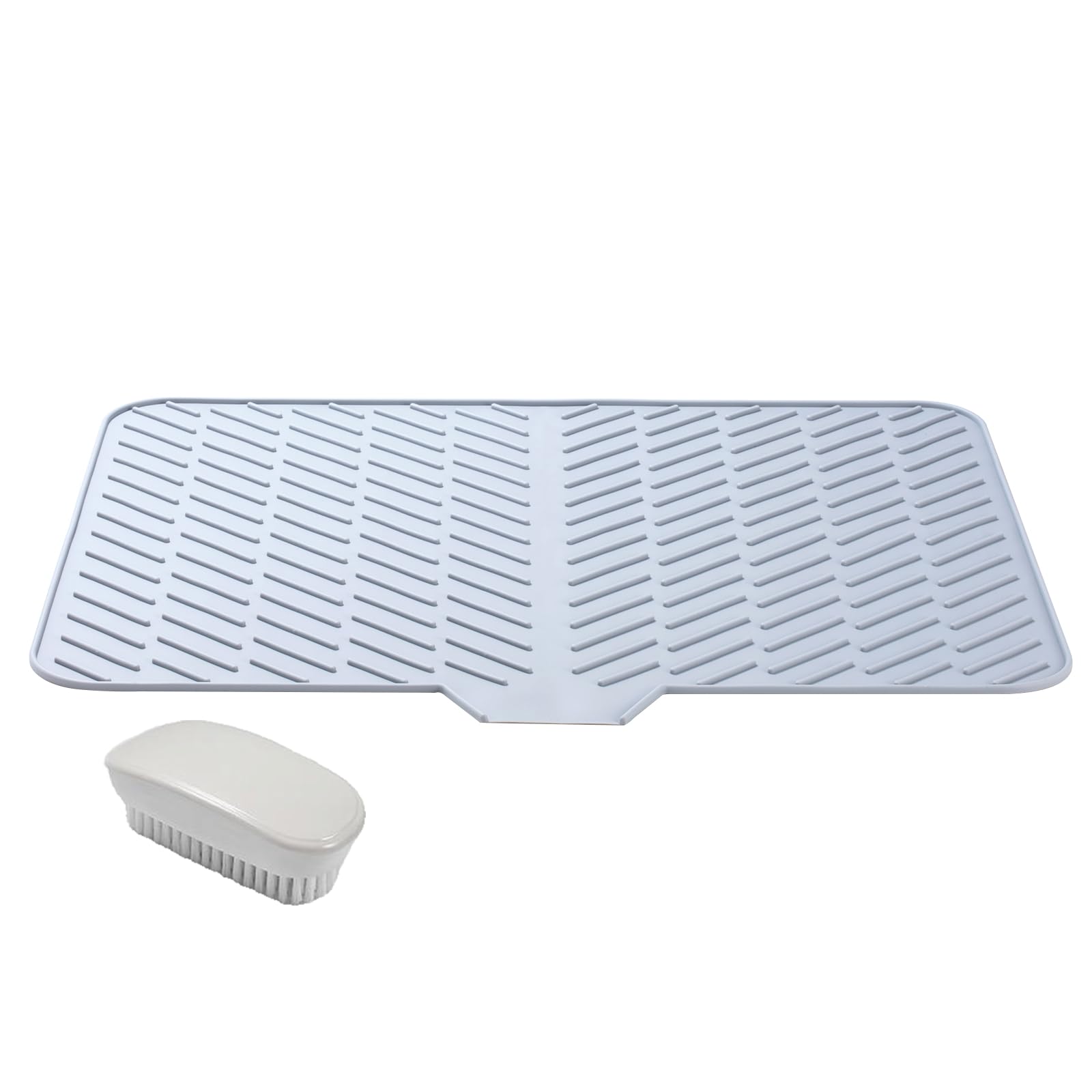 Tobbo Silicone Dish Drying Mat with Drainage Ramp and Dishwashing Brush Set, Kitchen Easy Clean Drain Mat, Drain Board 23x17in (Grey)