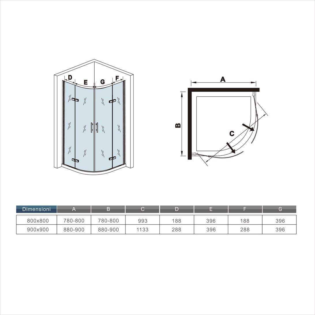 Box Doccia Angolare 80x80x195cm Semicircolare Porte Battenti 6mm Vetro