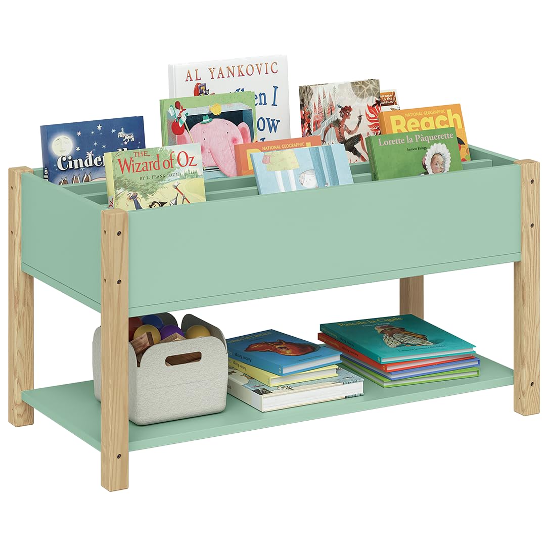 Bellabino Teme Bücherregal Kinderzimmer – Kinderbücherregal mit 4 Fächern – Montessori Bücherregal mit Ablagefach – Bücherregal für Kinder Mintgrün/Natur – Spielzimmer Deko aus Holz 80x40x44 cm