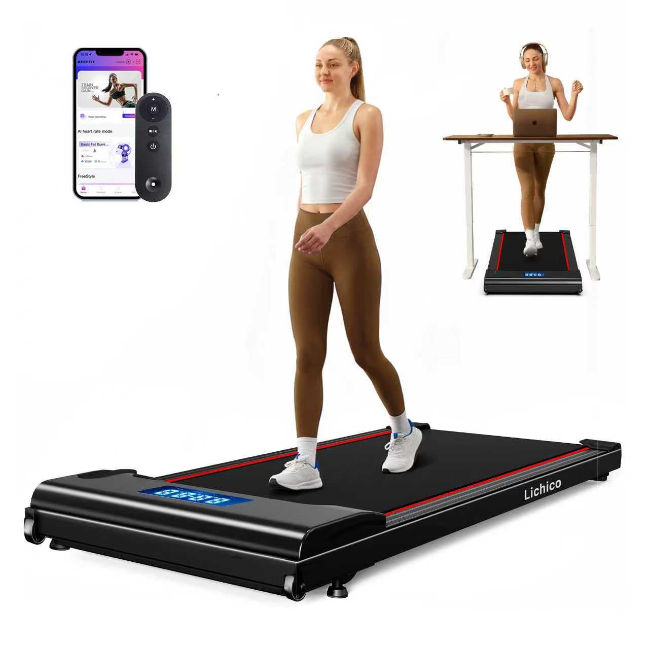 Lichico NeoSilent Walking Pad Treadmill Under Desk for Home with BLDC Core and Extra-Large Belt, App and Remote Control, Portable and Compact for Small Space