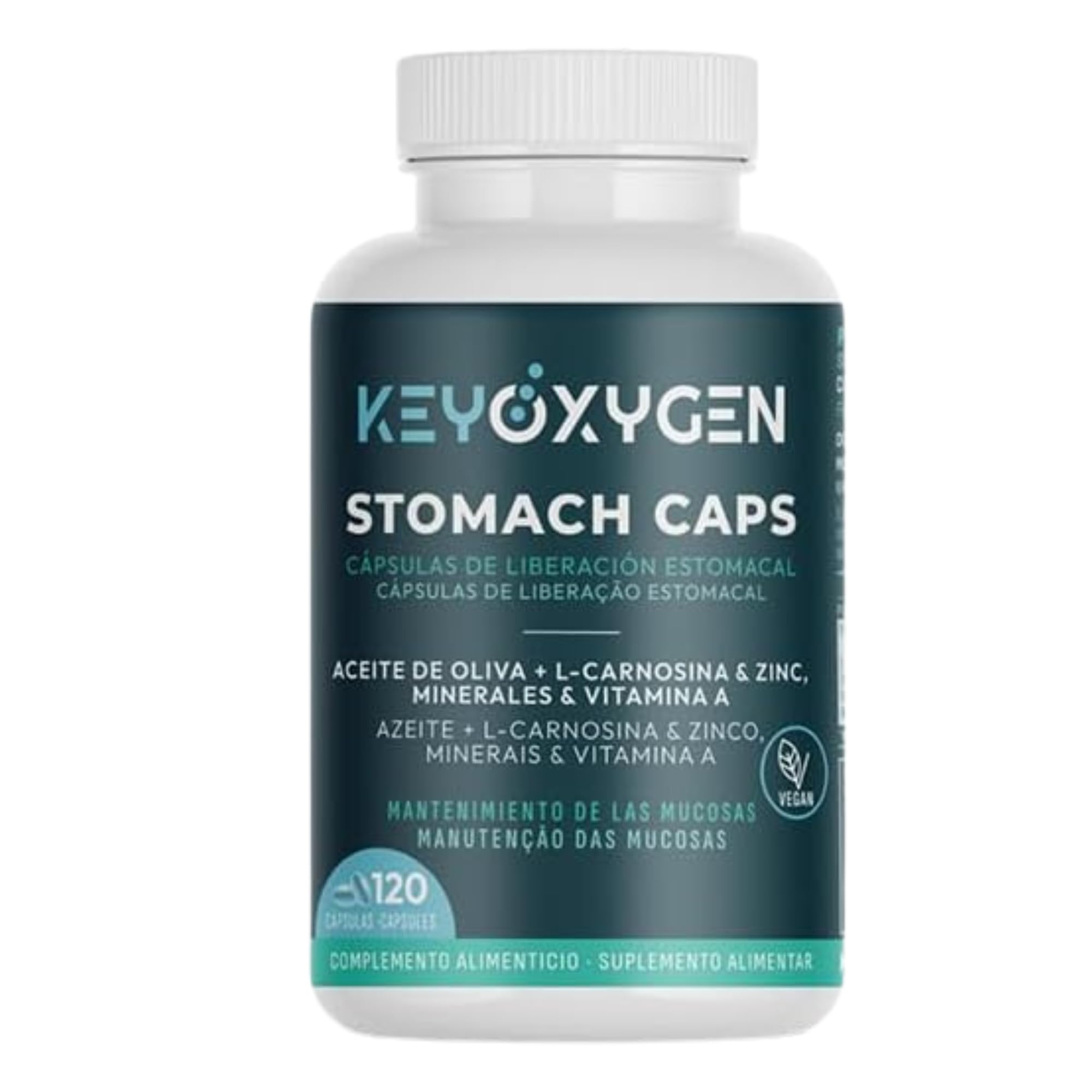 Enzimas Digestivas Liberación Estomacal con Zinc + Vitamina A Y L-Carnosina - Complemento Alimenticio Vegano para El Mantenimiento de las Mucosas 120 Cápsulas | KeyOxygen Stomach Caps