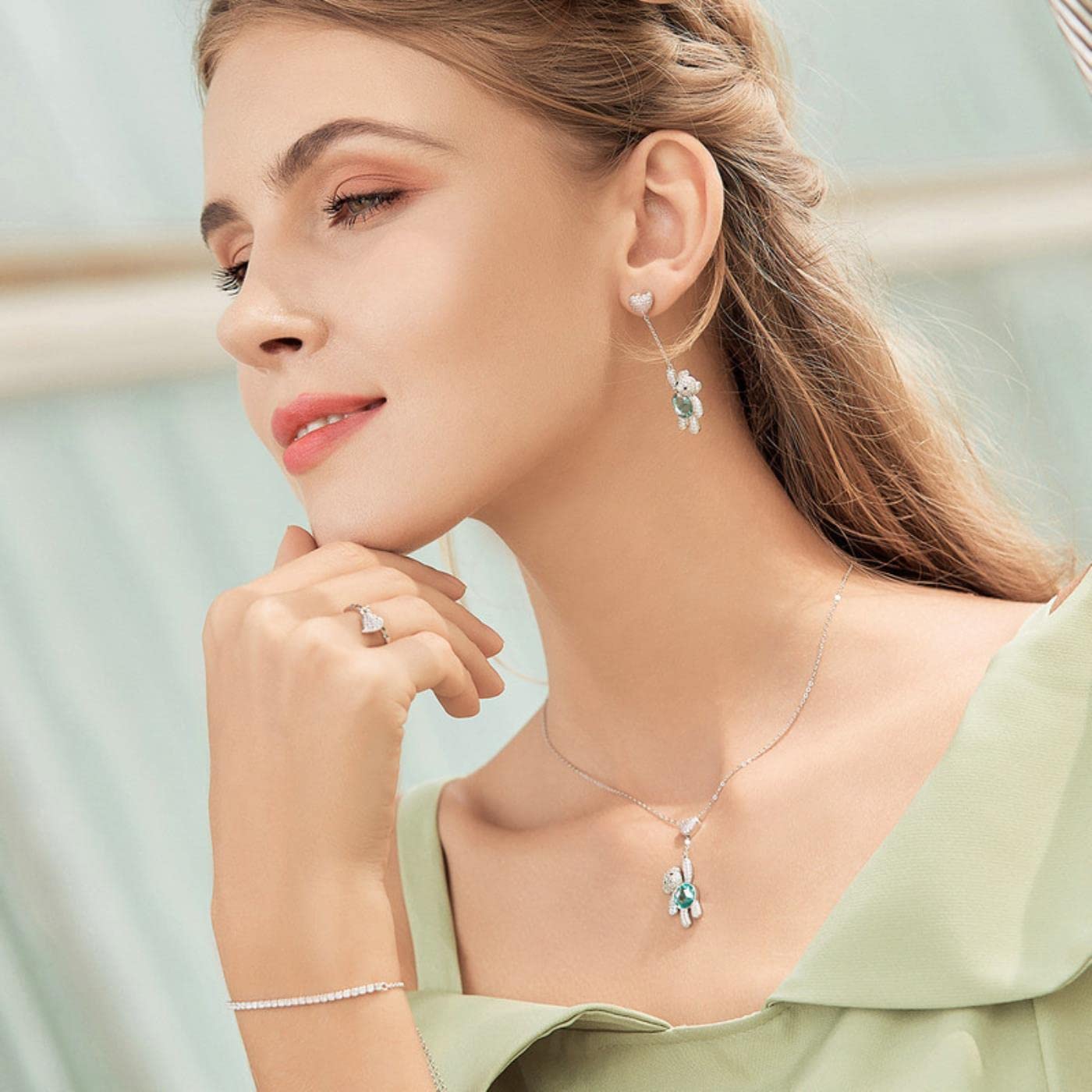 100% Argento Sterling 925 Rosa CZ Cuore e Simpatico Orso Animale collane con Ciondolo per Le Donne Gioielli in Argento Regalo