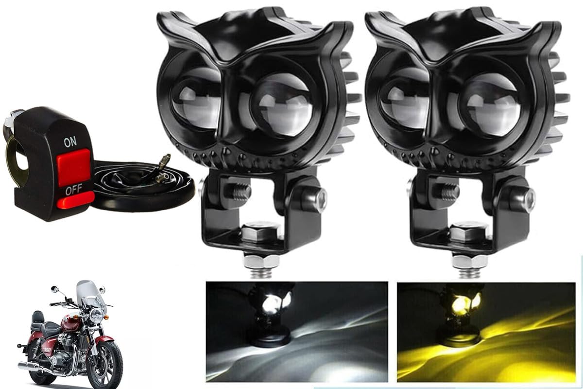 SHOP4U OWL Shape Import Fog Light 12V 45w DC, Cast Heavy Aluminium Material Yellow And White Beam Off Roading Compatible with Royal Enfield Super Meteor 650