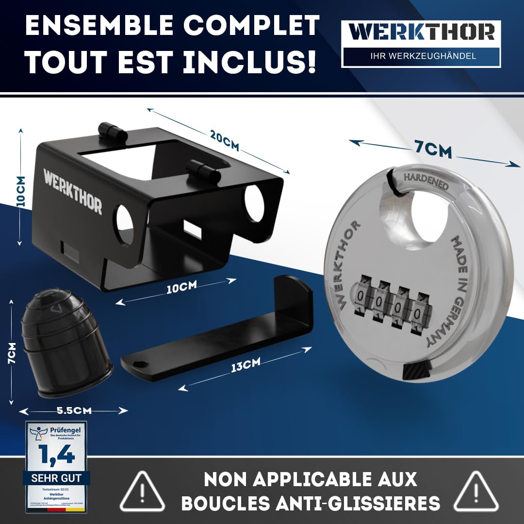 WERKTHOR Antivol de Remorque - Antivol de Remorque Robuste en Acier Inoxydable - Antivol de Remorque avec Antivol de Remorque pour L'attelage et Le Dételage - Serrure à Combinaison Incluse (Noir)