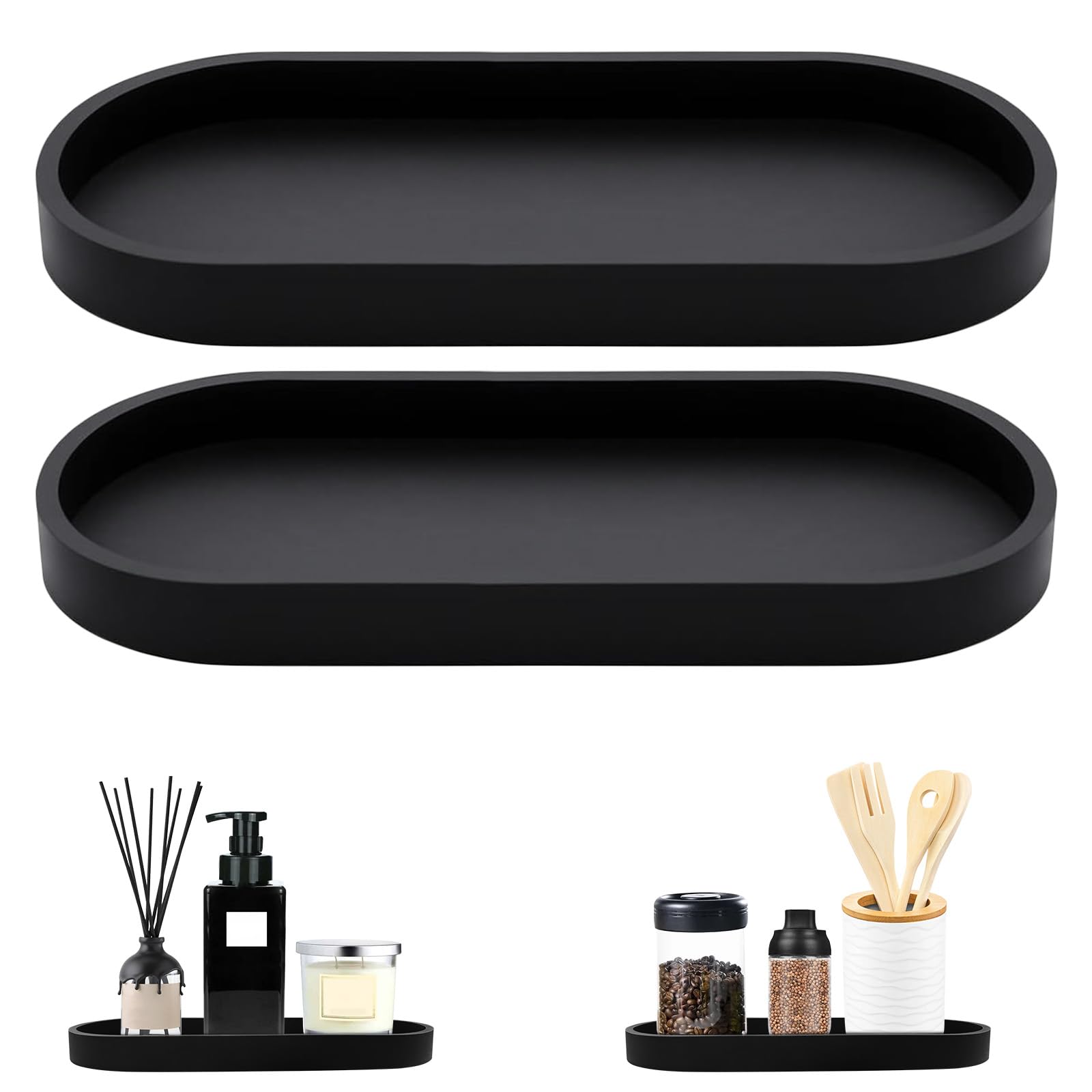 MOLENCO 2 Pcs Bathroom Tray, Black Silicone Vanity Tray, Oval Decorative Cosmetic Bathroom Vanity Tray for Perfume, Bedroom, Countertop(9.84×4.33 in)