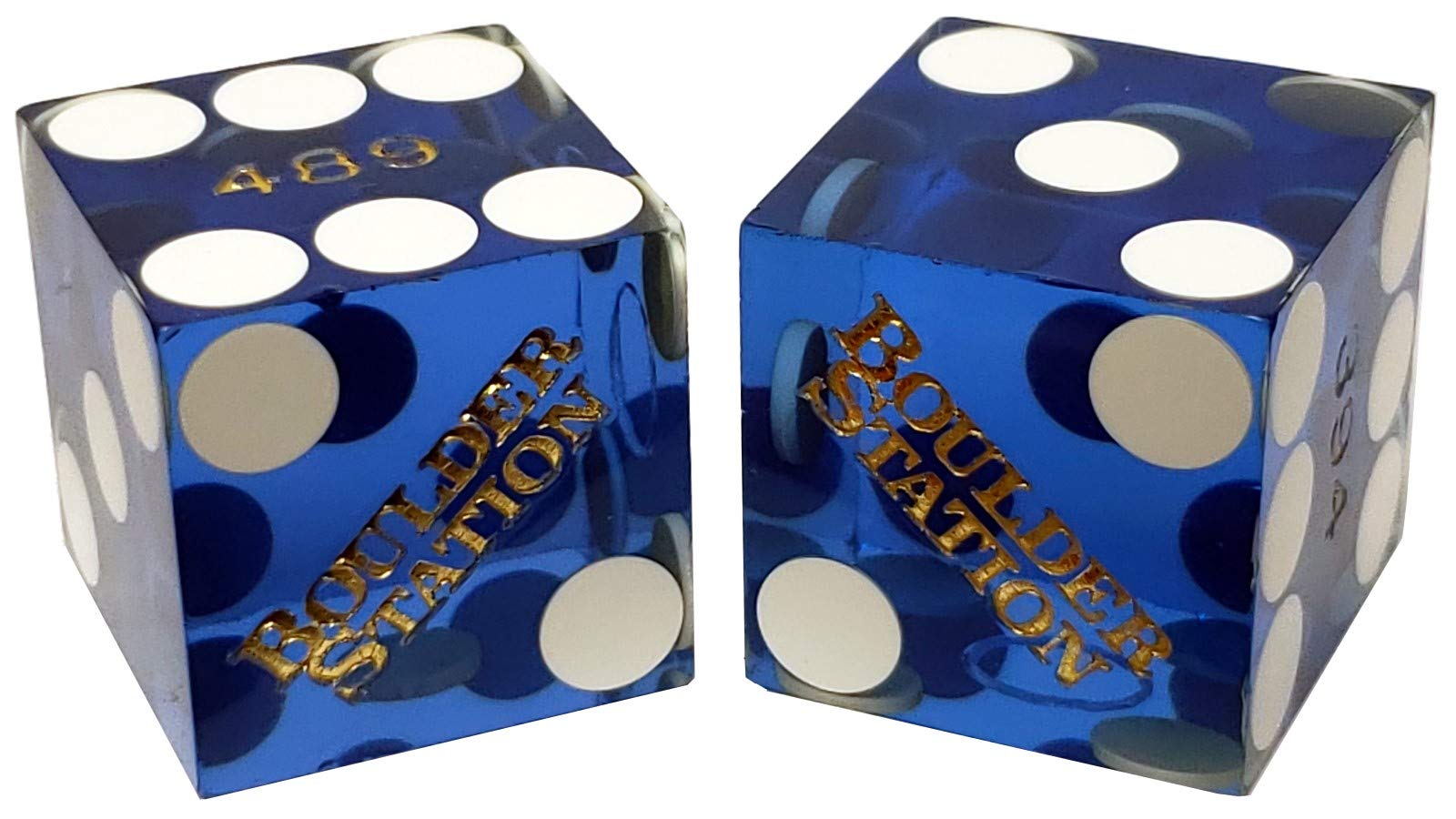 Matching Serial Casino Dice Pair – Authentic Las Vegas Craps Dice 19mm, Table-Played & Collectible – Boulder Station Blue Polished — image 1